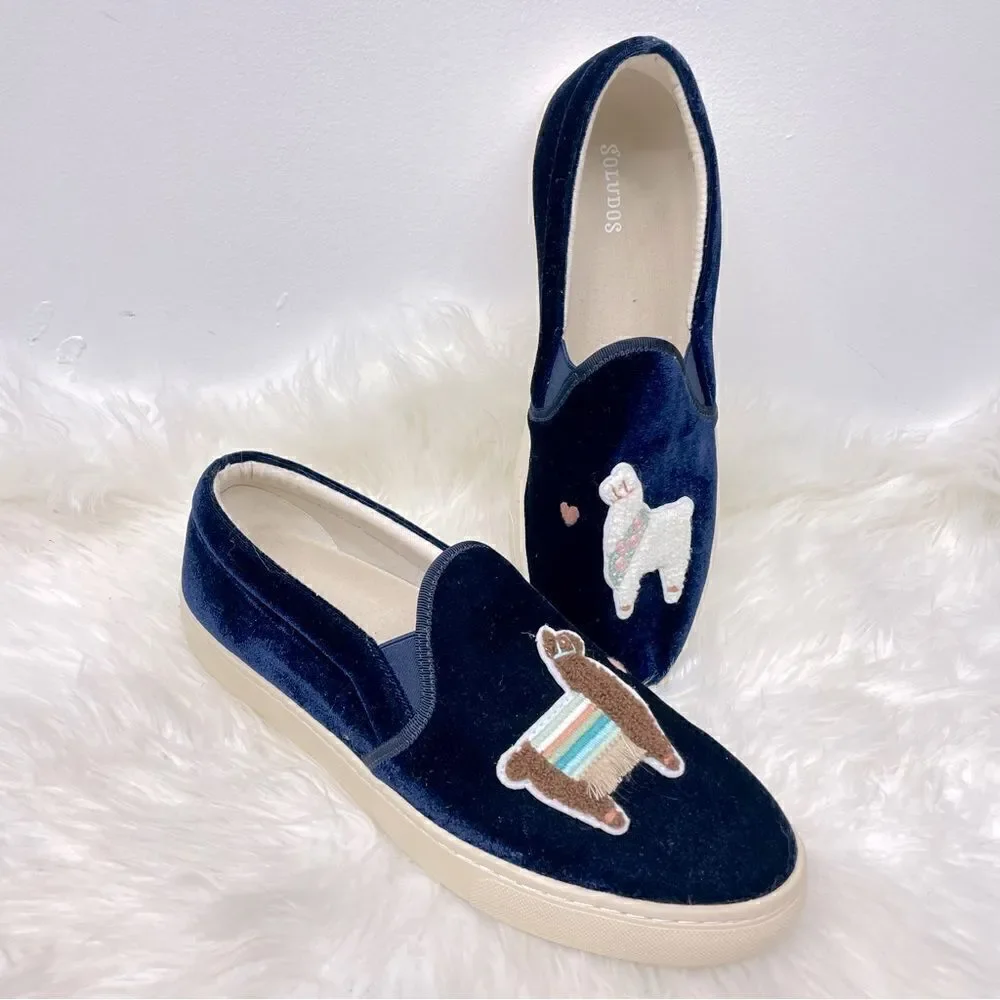 Saludos | Llamas in Love blue velvet slip on 11 sneakers.